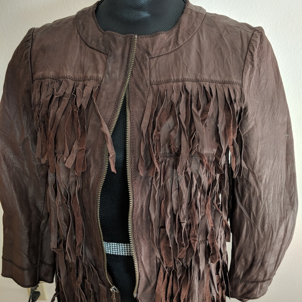 ILLIA Chocolate Leather Fringe Jacket size 0